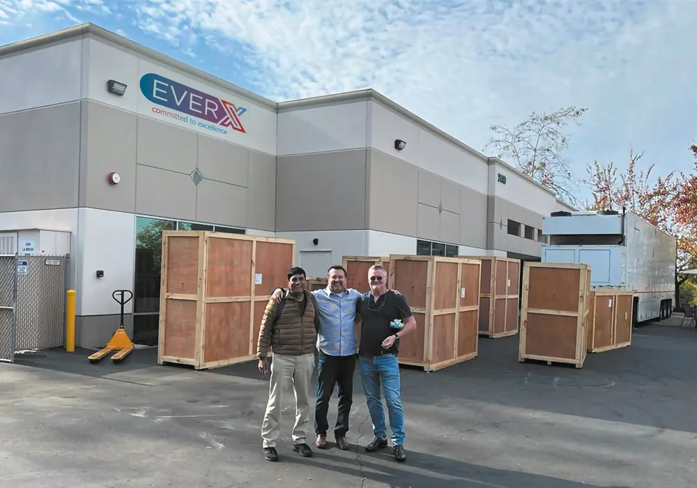 Crated equipment outside the EverX warehouse, ready for shipping