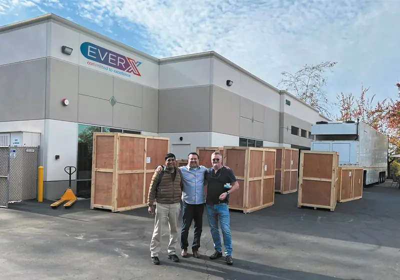 Crated equipment outside the EverX warehouse