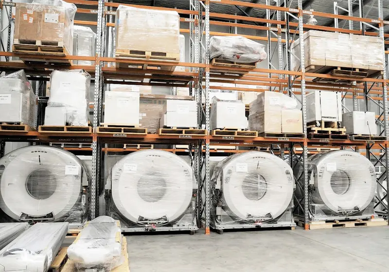 Refurbished CT gantries and crated systems on the racks of the EverX warehouse