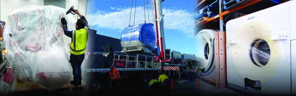 Imaging equipment being wrapped, craned and transported for installation